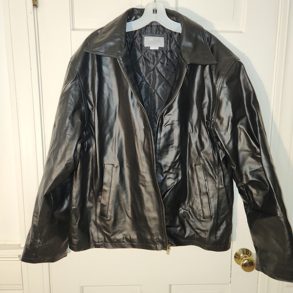 Men's Black Leather Bomber Jacket - Picture 1 of 2